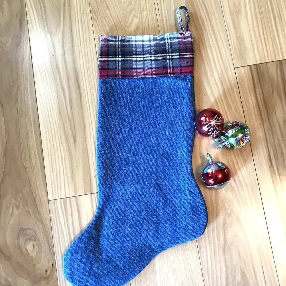Denim Christmas Stocking, Lake House Fishing Decor Pontoon Boat Jet Ski Graphic